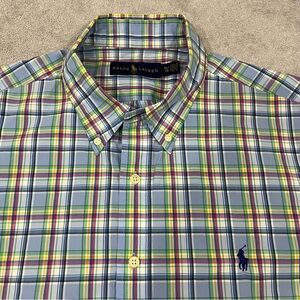 Polo Ralph Lauren Shirt Mens XL Blue Plaid Cotton Short Sleeves Button Down